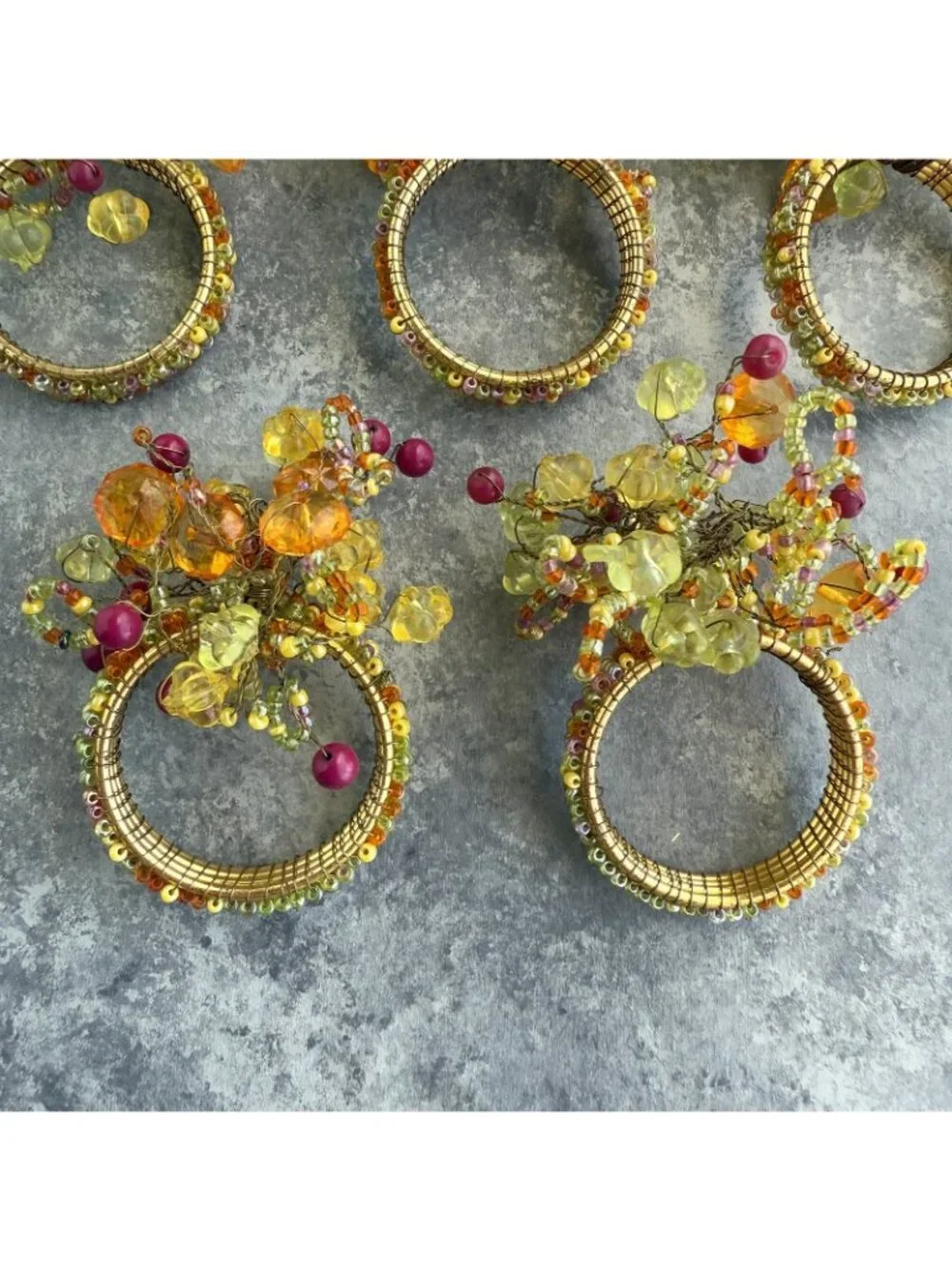 Pier 1 Napkin Rings Jeweled Beaded Cluster Set of 8 Green Pink Yellow Orange